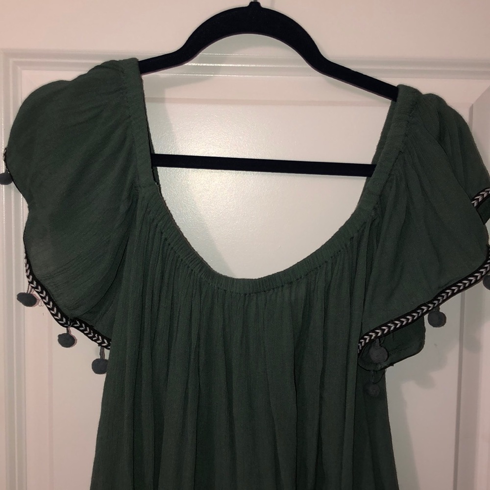 Off the shoulder green Pom Pom crop top